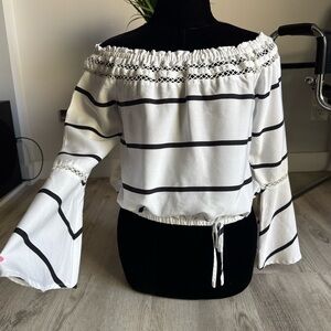 Walter Baker Black & White Striped Off Shoulder Flare Blouse Crochet Details SM